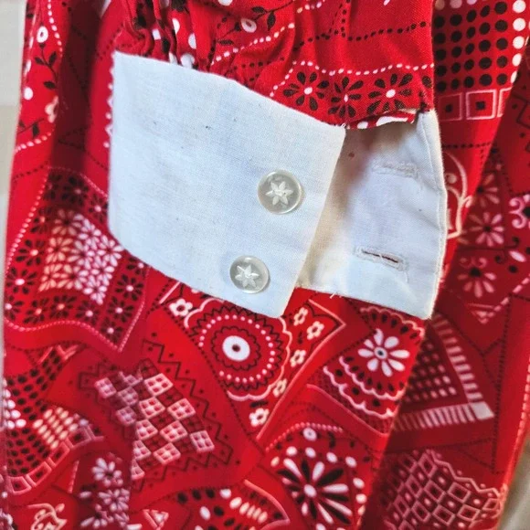 Vintage 70s Handmade Red Bandana Print Maxi Dress Puff Sleeve Peter Pan Collar S - Picture 4 of 7